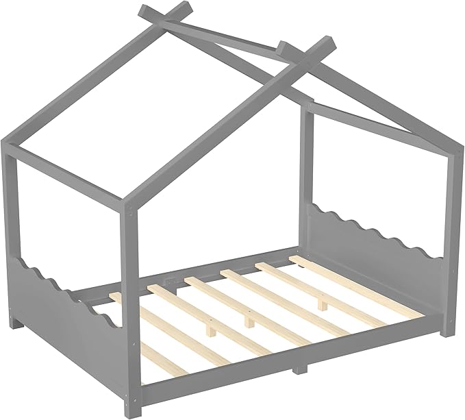 Full Size Wooden House Floor Bed - Kids Bed Frame with Roof & Support Slats for Bedroom, No Box Spring Needed, Easy Assembly (Grey)