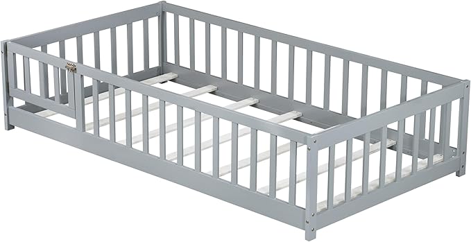 Bellemave Twin Size Floor Bed for Kids, Girls, Boys, Rubber Wood Floor Bed with slats and Door, Grey