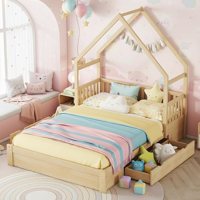 SOFTSEA Queen Size House Platform Bed with Drawers, Queen Floor Bed with Storage Drawers, Wood House Bed Frame with Guardrails and Roof, No Box Spring Needed, Natural