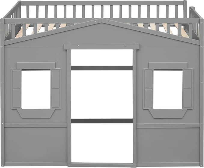 Twin Size Loft Bed with Safety Guardrail for Kids Boys Girls, Playhouse Design Solid Wood Loft Bed Frame with Ladder and Windows, Strong Wood Slats Support, Space-Saving (Gray)