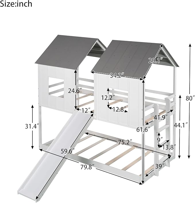 Twin Over Twin Wood House Bunk Bed with Slide and Windows, White
