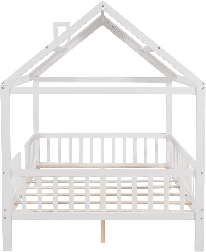 Merax Full House Bed for Kids,Wood Full Bed Frame House-Shaped Bed Platform Bed Frame with Roof Windows and Full-Length Safety Rails White