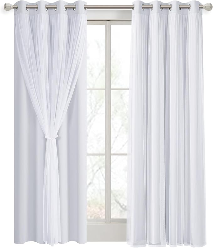 DWCN White Blackout Curtains with Sheer Overlay Thermal Insulated Mix & Match Double Layer Window Panels for Bedroom Living Room Drape Sewn with Tiebacks Grommet Top 52" Wx84 Lx2