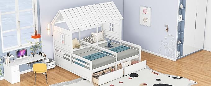 Harper & Bright Designs Twin Size House Platform Beds with Two Drawers for Boy and Girl Shared Beds, Combination of 2 Side by Side Twin Size Beds,White