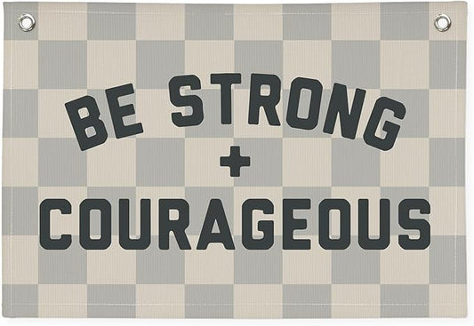 Motivational Quotes Boys Room Decor，Be Strong Courageous Bibie Joshua 1:9 Playroom Decor Linen Canvas Banner,Vintage Checkered Wall Hanging Flag Decor for Kids Toddler Room 30x20 bestrong