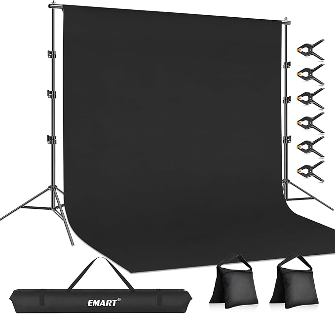 EMART 8.5X 10 ft Adjustable Photography Backdrop Stand Kit with 12x 10ft Black Curtain and Portable Large Format Screen with Polyester Material for Party, Live Game, Interviews, YouTube, TIK Tok
