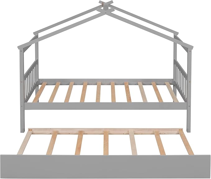 Merax Twin Size Wooden House Bed with Trundle, Wood Bed Frame with Roof for Kids, Teens, Boys or Girls, Grey