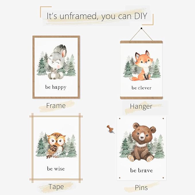 Wodkwq Nursery Wall Art Woodland Animal Canvas Prints Baby Girl Boy Room Decor Cute Poster Pictures Forest Theme Toddler Room Decoration Painting Set of 6 for Kids Bedroom Bathroom 8x10in Unframed