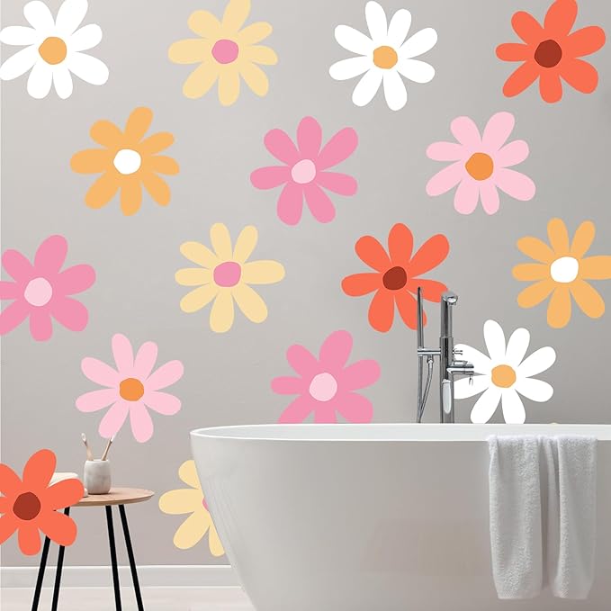 TaoBary 12 Sheets Daisy Wall Decal Flower Wall Sticker Cute Daisy Sticker Pink White Flower Decal Peel and Stick Floral Wallpaper for Nursery Bedroom Home Decor(Bright Color,Minimalist Style)