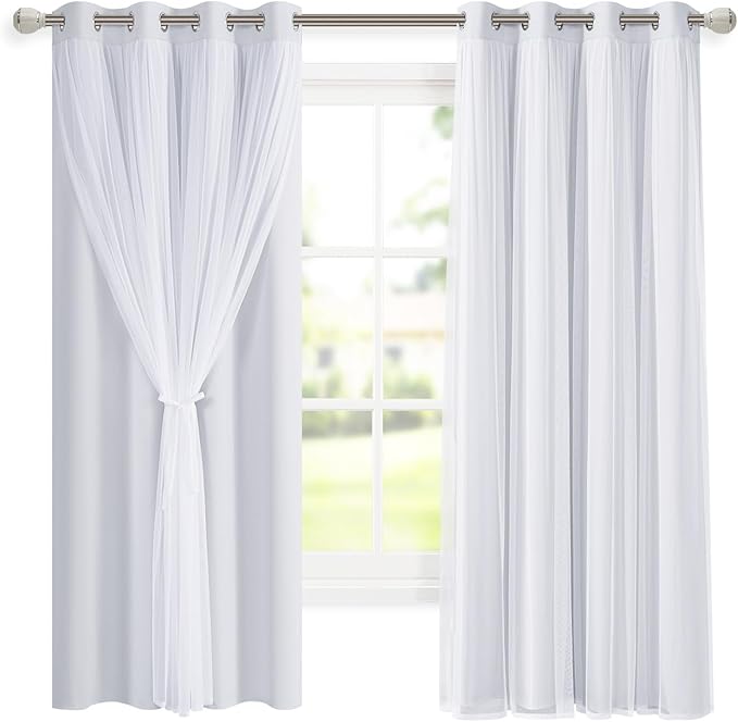 DWCN White Blackout Curtains with Sheer Overlay Thermal Insulated Mix & Match Double Layer Window Panels for Bedroom Living Room Drape Sewn with Tiebacks Grommet Top 52" Wx63 Lx2