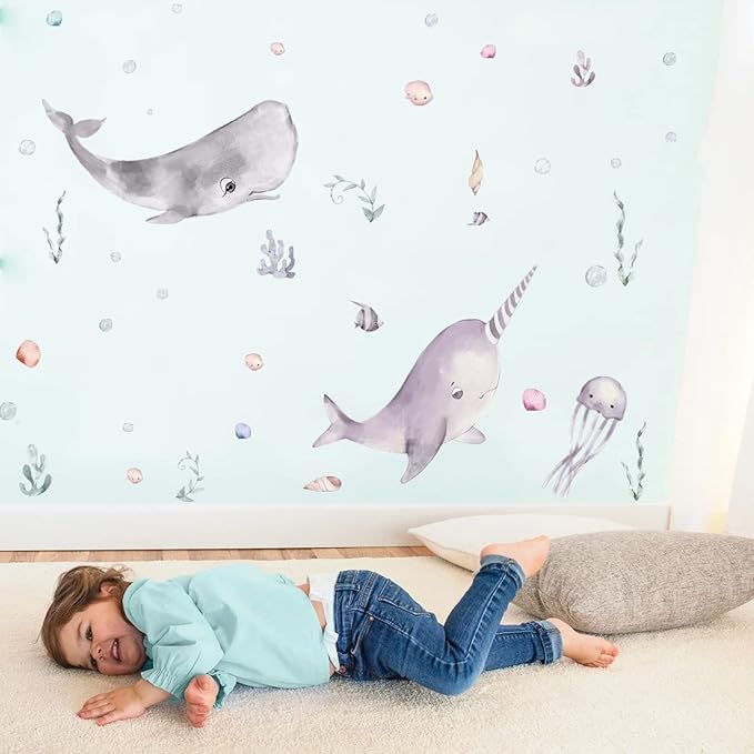 Whale Wall Dcals Peel and Stick for Kids Whale Removable Wall Stickers with Sea Life, Vinyl Ocean Wall Stickers for Bedroom Bathroom Nursery