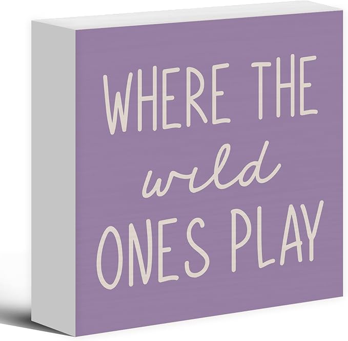 Where The Wild Ones Play Purple Wood Box Sign Desk Decor 5X5, Nursery Kids Room Wooden Block Sign Decorations for Playroom Toddler Boys Girls Room Wall Tabletop Shelf Decor