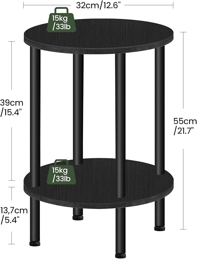 Round Side Table, 2-Tier End Table, Small Round Nightstand with Sturdy Metal Tube, Industrial Circular Coffee Table, for Living Room, Bedroom, Black TBZ01BB