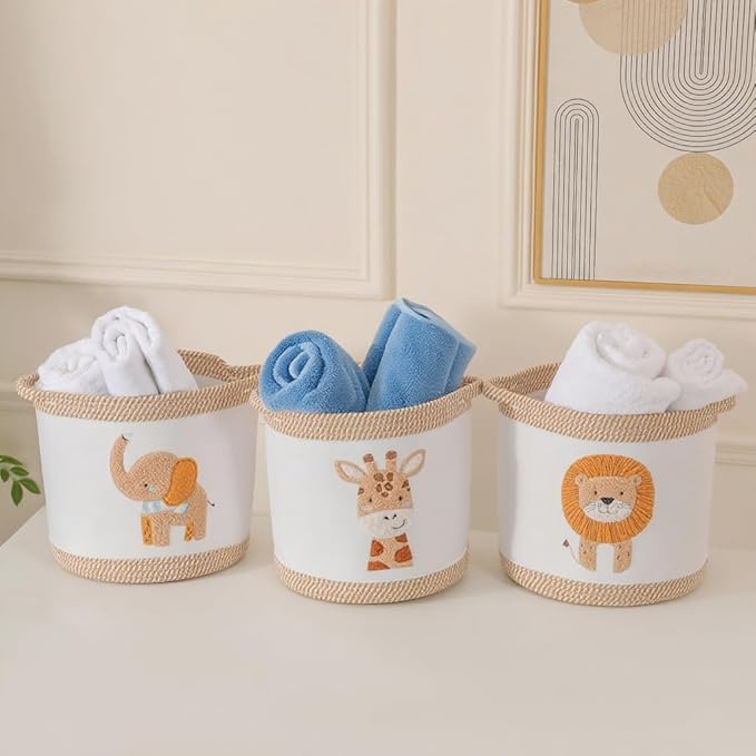 3-Piece Woven Baby Toy Baskets Laundry Hampers, Foldable Nursery Organizer for Toys Clothes Stuffed Animals, Roomy Sturdy Hampers for Baby Gift Nursery Decor Baskets Lion/Giraffe/Elephant Design