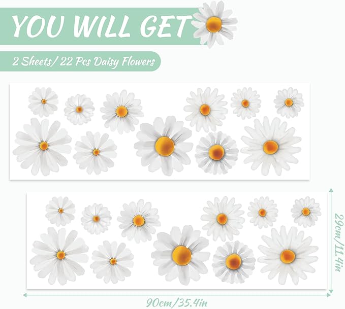 Big White Daisy Wall Decals Decor for Baby Nursery Toddler Girls Bedroom, Vinyl Floral Wall Stickers Peel and Stick, Boho Daisy Flower Wall Art Decor for Living Room Closet Cabinet