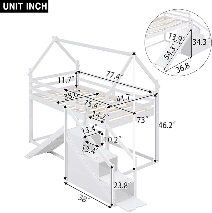 Flieks Twin Over Twin House Loft or Bunk Bed Frame for Boys Girls Kids Adults Toddler with Slide and Staircase, White
