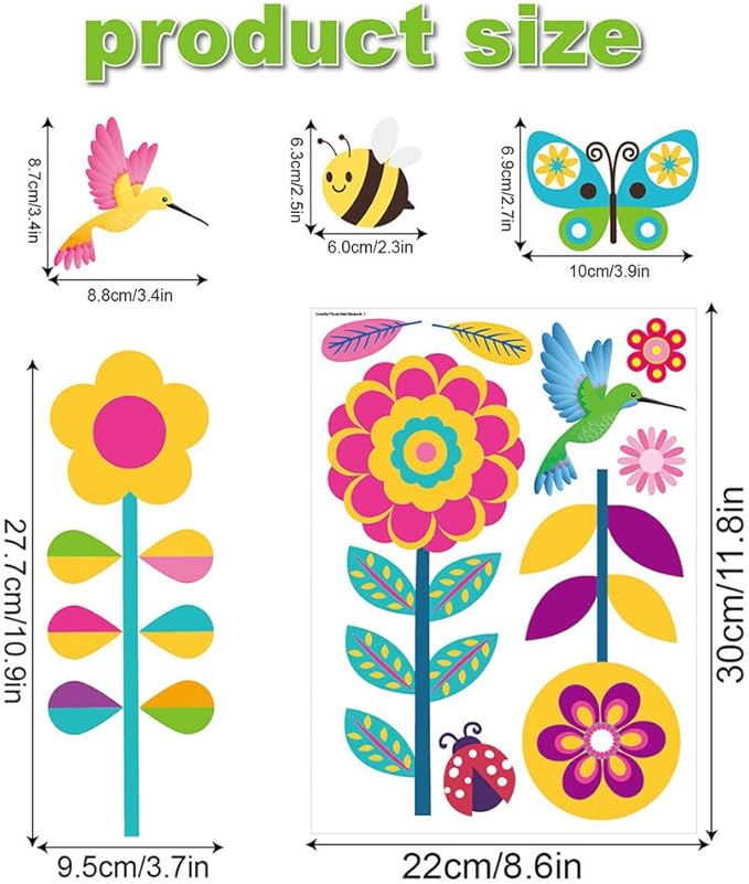 124 Pcs Spring Garden Wall Decals – 16 Sheets Waterproof Vinyl Flower Stickers for Baseboard Skirting Board, Peel and Stick Floral Decals with Butterflies Bees Birds for Nursery Kids Room Classroom