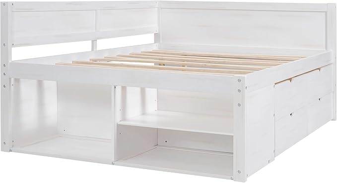 Full Size Daybed with 4 Storage Drawers and Shelves, Wooden Full Platform Bed Frame with L-Shaped Headboard and Slats Support, Corner Bed Full Captain Beds for Kids Boys Girls Teens, White