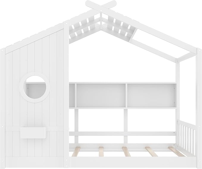 Twin Size Wooden Floor House Bed with Storage Shelf, Modern Design Kids Bed Frame with Roof and Window for Bedroom, Wood Slat Support, No Box Spring Needed, Easy Assembly (White)