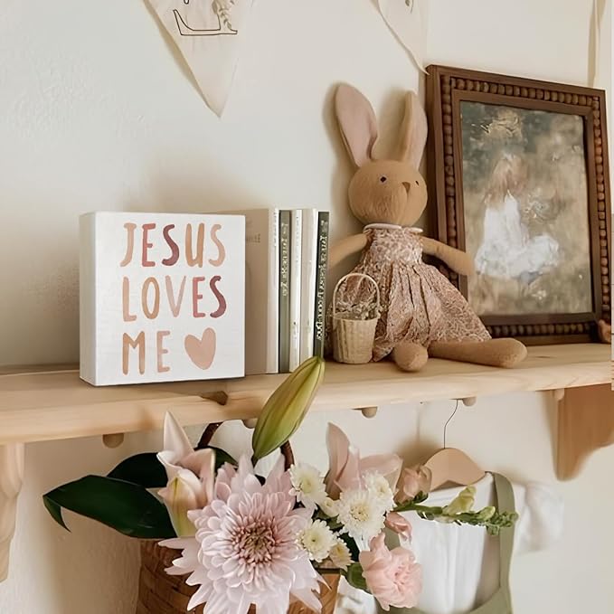 Baby Girls Nursery Decor - Jesus Loves Me Christian Gifts Wood Sign Wall Art Decoration, Boho Neutral Bible Verse Kids Boys bookshelf Decorations, Toddler Girls Room Decor 5x5