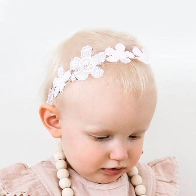 Baby Girl Flower Hair Bows Nylon Headbands, 6PCS Stretchy Soft Floral Hairbands Crown, Handmade Hair Accessories for Newborn Infant Toddler