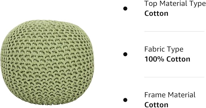 REDEARTH · Round Pouf Foot Stool Ottoman - Cotton Knitted Cord Boho Pouffe - Cable Poof Filled Footrest Stuffed for Living Room - Nursery - Bedroom - Patio - Lounge (19.5"x19.5"x14") - Kiwi