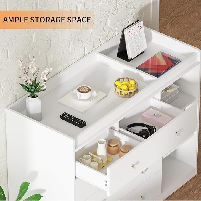 Diaper Changing Station Nursery Organizer Baby Classic Nursery Dresser with 5 Drawers and 3 Shelves Multi-Functional Baby Changing Table with Storage Modern (White)