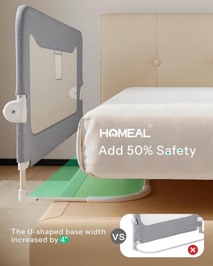 HOMEAL Bed Rail for Toddlers，32" x 26" Grey, Foldable Tall Baby Bed Rail Guard for Easy Use and Storage, U-Shaped Base Width Increased by 4", Suitable for Twin, Full, Queen, King Size Bed
