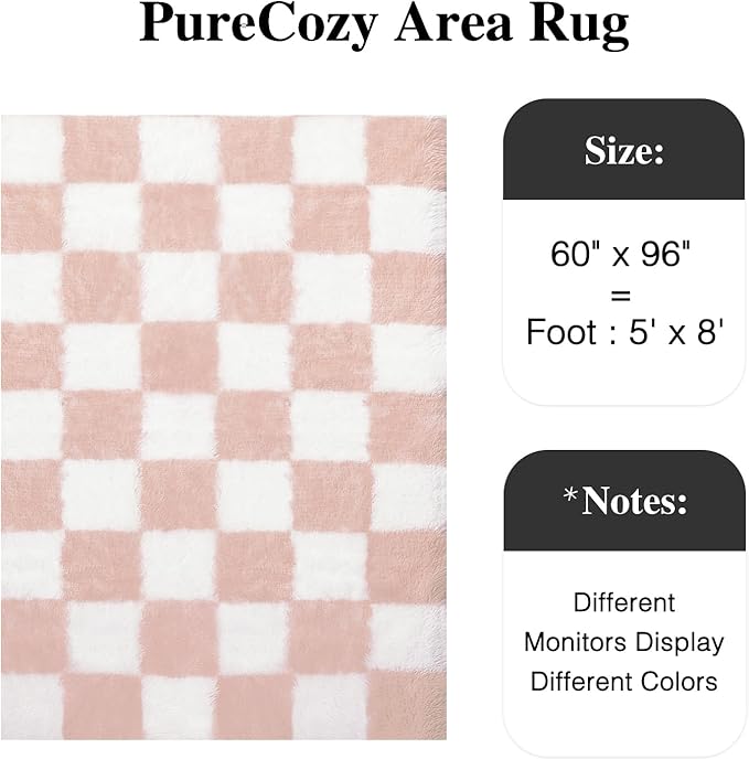 Checkered Rug 5x8 for Living Room, Pink and White Modern Shag Rug Super Soft Washable Indoor Fuzzy Carpet Non-Slip Fluffy Rugs for Bedroom Home Aesthetic Decor