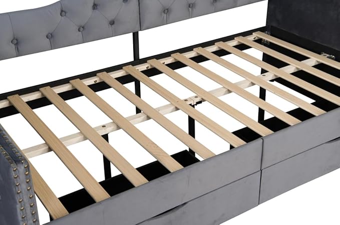 Bellemave Twin Upholstered daybed with 2 Drawers and USB Charging, Velvet Tufted Sofa Bed Twin Size, daybed with Trundle for Adults, Kids, Girls, Teens, for Living Room, Grey