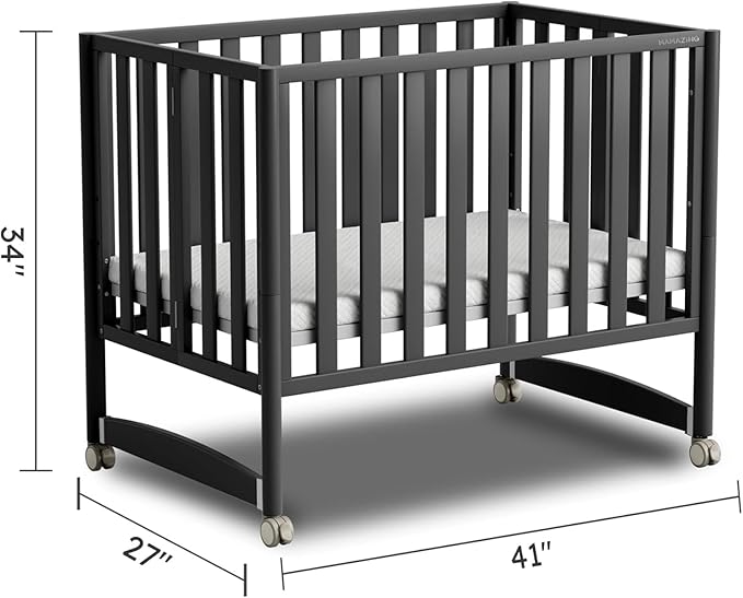 MAMAZING EvoNook 6-in-1 Convertible Mini Crib, 100% New Zealand Pinewood, 4 Adjustable Mattress Heights,GREENGUARD Gold Certified, Black with Matttress