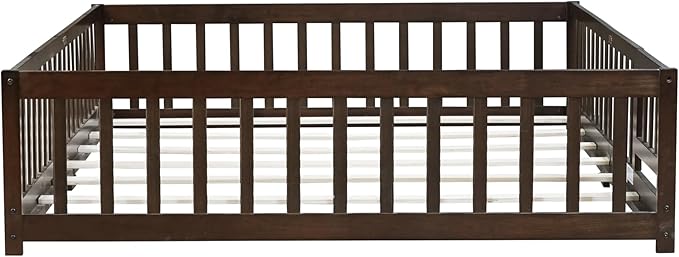 Queen Size Montessori Floor Bed Frame with Convertible Door & Wood Slats for Kids,Wood Montessori Bed with Safety Guardrails for Girls & Boys,Espresso