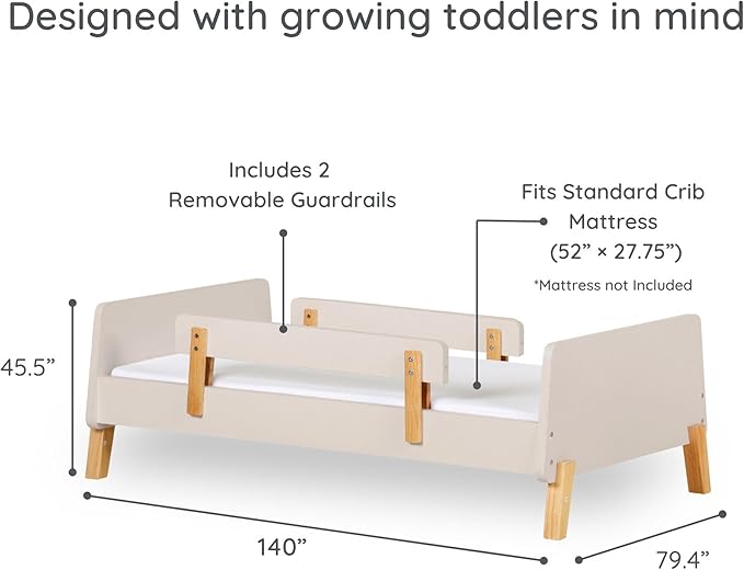 dadada Muse Toddler Bed with 2 Removable Safety Rails. Montessori Bed for Kids. Sturdy Solid Wood Frame, Fits Standard Crib Mattress, Easy to Assemble, Toddler Bed for Boys & Girls - Almond Milk