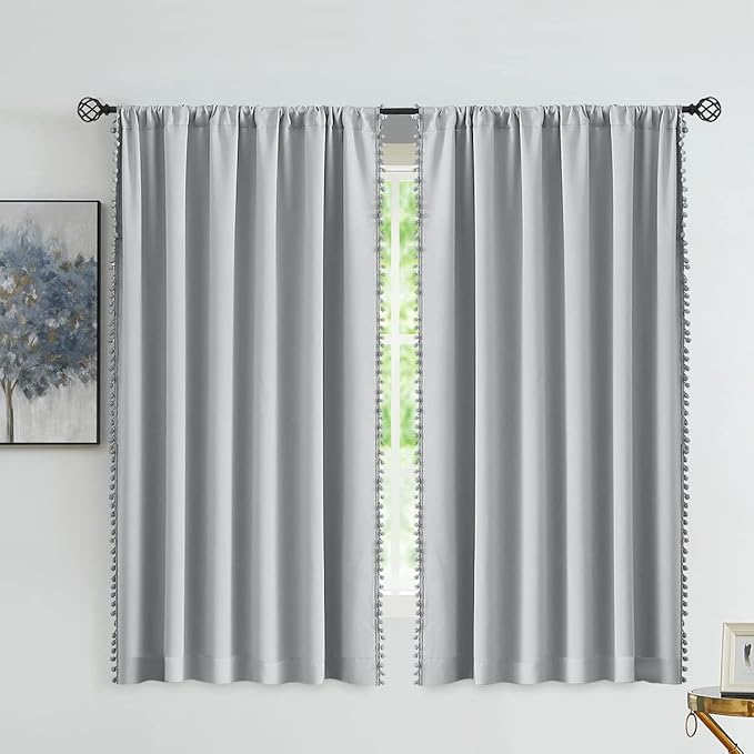 Treatmentex Grey Pom Pom Curtains for Bedroom 63 inch Thermal Insulated Half Blackout Curtain Panels for Living Room Window Drapes Nursery Kids Guest Room 52" w x2 Panels Rod Pocket