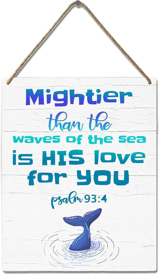 Ocean Nursery Wall Art Whale Decor for Baby Boy Nautical Beach Room Sign Mightier Than The Waves of The Sea Psalm 93:4 Wooden Signs Under The Sea Animal Pictures Bathroom Decor for Kids 10x8 Inch