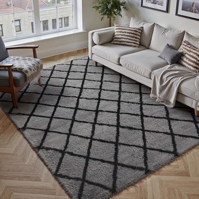 5x7 Checkered Rug for Living Room Grey and White Modern Soft Area Rug Fluffy Non-Slip Carpet for Bedroom Playroom Home Aesthetic Decor