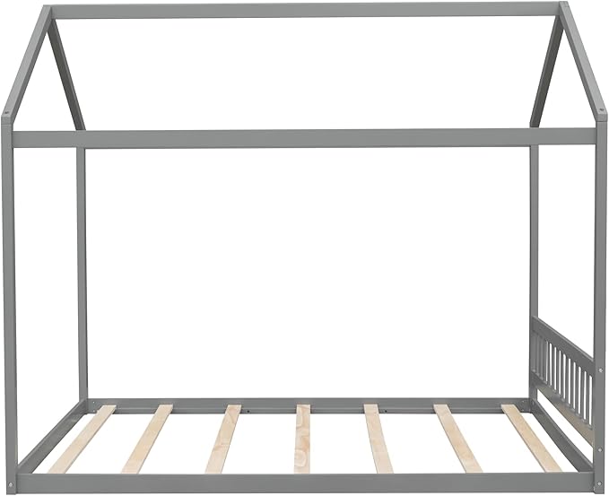 Bellemave Queen House Bed with Roof Wood Montessori Floor Beds for Kids Wood House Floor Bed Frame for Girls Boys Teens Adults, No Spring Box Needed, Gray