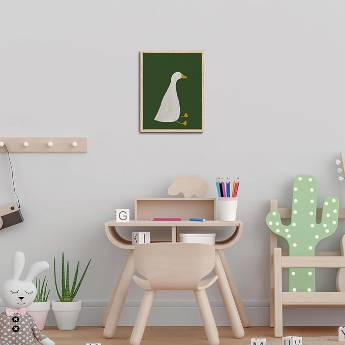 KISSFOX Framed Wall Art Nursery Wall Decor Silly Goose Pictures Kids Cute Animal Canvas Art Green Minimalist Paintings Artwork For Children Boys Girls Room
