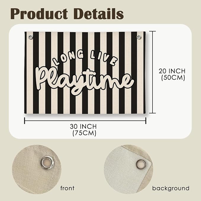 Playroom Decor, Long Live Playtime Wall Hanging Linen Banner, Blue Striped Wall Flag for Kids Room Nursery Playroom Decor, 20x30 Inch-Black