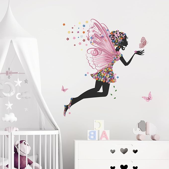 Supzone Butterfly Girl Wall Stickers - Flowers Fairy Wall Decal Removable Vinyl Art Stickers for Girls Baby Nursery Kids Bedroom Living Room Bathroom Decor Mural