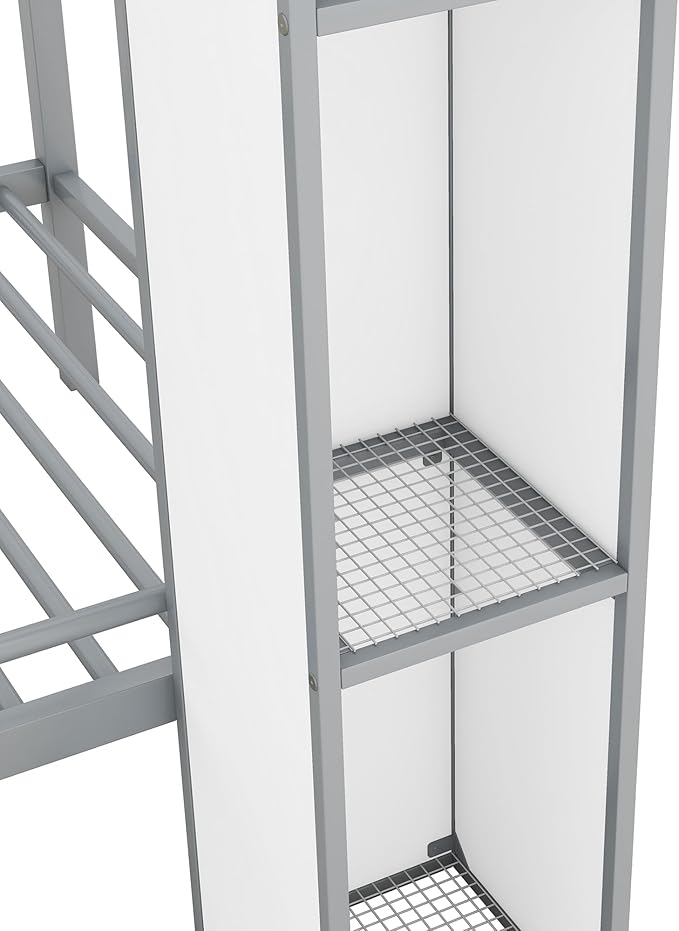 Twin Over Twin Castle-Shaped Bunk Bed with Wardrobe and Multiple Storage, Metal Bunk Bed with Storage Staircase and Safety Guardrail for Kids Teens Boys Girls Bedroom (White+Gray)