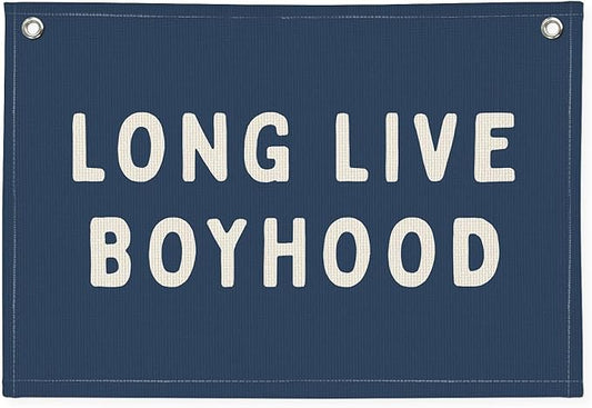 Long Live Boyhood Banner, Canvas Wall Hanging Banner Flag for Nursery Playroom, Toddler Boys Kids Room Decor (Navy Blue)
