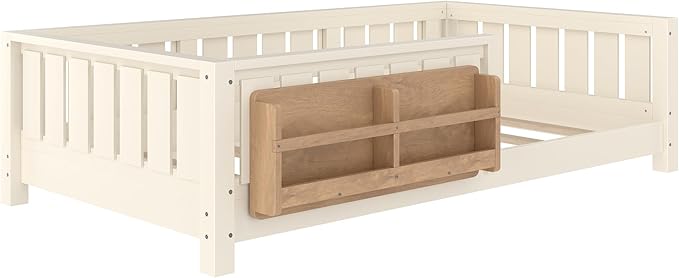 Bellemave Twin Floor Bed with Slats and Safety Guardrail, Twin Size Montessori Floor Bed with Fence and Built-in Bookshelf, Easy Assemble Montessori Beds for Kids, Girls, Boys, Beige