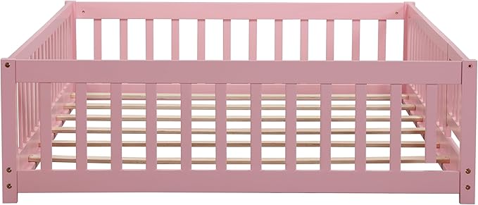 Full Size Montessori Floor Bed Frame with Convertible Door for Girls & Boys,Wood Montessori Bed w/Safety Guardrails & Wood Slats for Kids,Pink