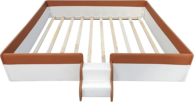 King Size Upholstered Daybed Frame with Fence and Stairs, Montessori Kids Floor Bed with Sturdy Slat Support for Kids Boys Girls (Brown+King)