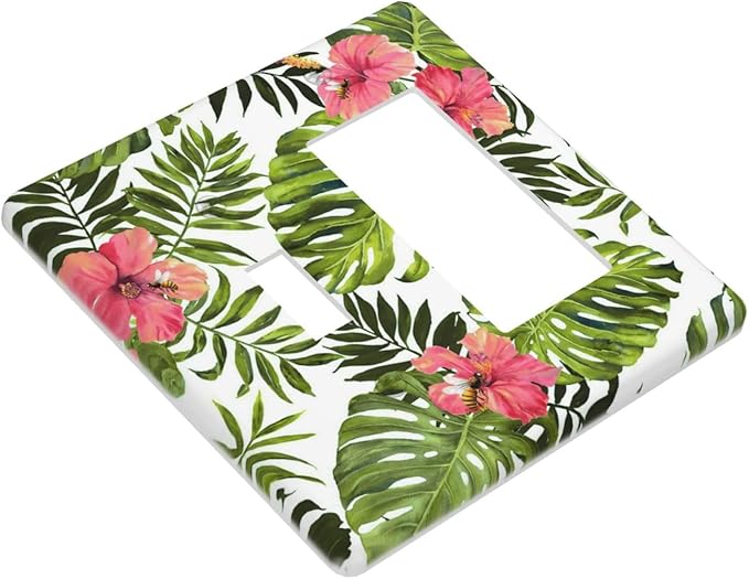 Tropical Plant Green Palm 2 Gang Light Switch Cover Decorative Combination Wall Plate Banana Leaves Pink Flower Rainfores Jungle Botanical Single Toggle Rocker Electrical Faceplate for Kitchen Home