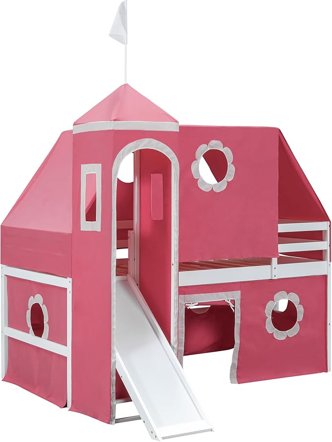 Twin Size Low Loft Bed House Bed with Slide & Tent and Tower, Playhouse Design Solid Wood Tent Bed Frame for Kids Boys Girls, Versatile Spacious Under Bed Space with Curtains (Pink-FT)