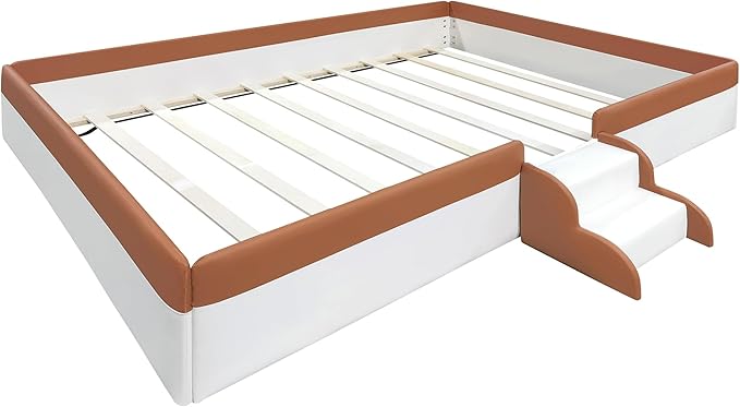 Merax Upholstered Kids' Daybed, Daybed Frame with Fence and Stairs, No Box Spring Needed, Full Size, Brown+White