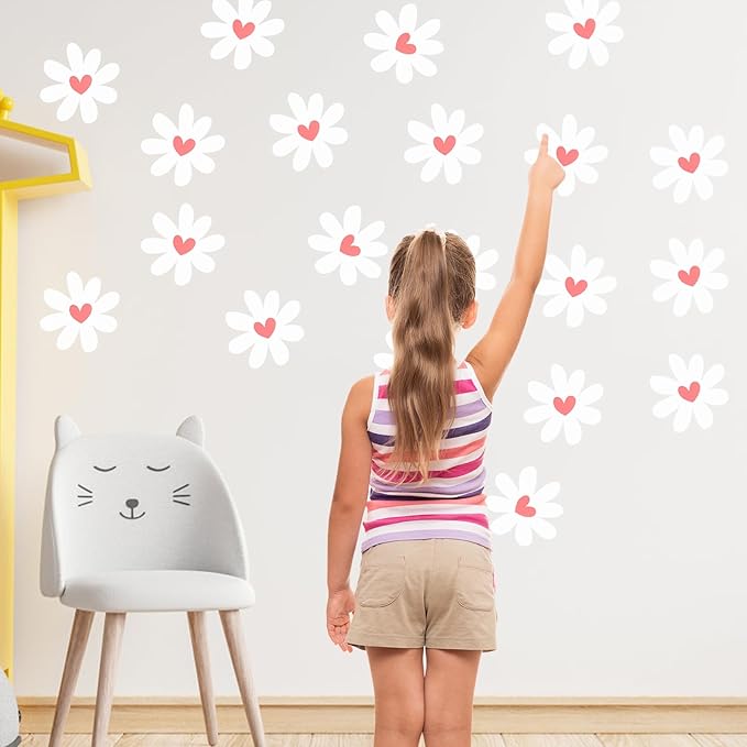 12 Sheets Daisy Wall Decals, Pink Heart Daisy Flowers Wall Stickers, Large Vinyl Peel and Stick for Living Room Bedroom Baby Girls Room Nursery Room Decoration