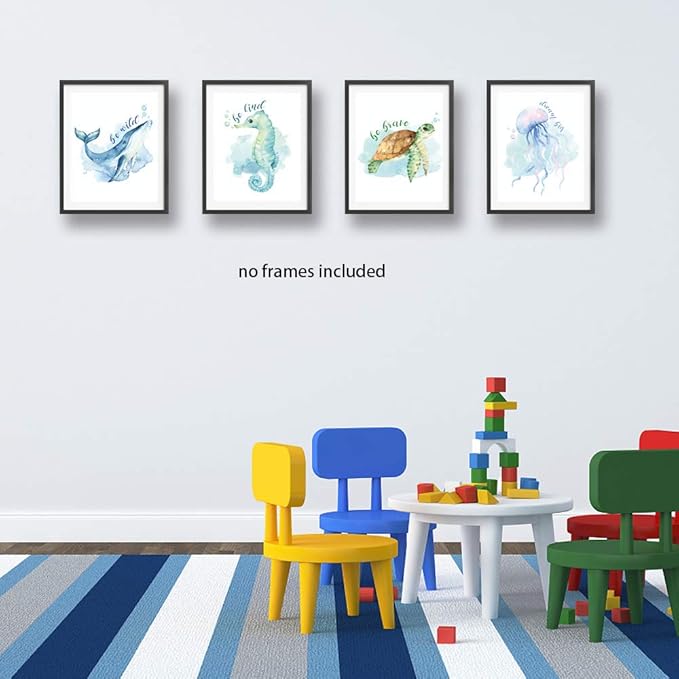 LONLONBANG Funny Watercolor Ocean life Quotes Art Print, Picture Poster for Nursery Kids Girls Bedroom Bathroom Home Decor, Sea turtle sea horse jellyfish whale, Set of 4 8X10 inch, No Frame